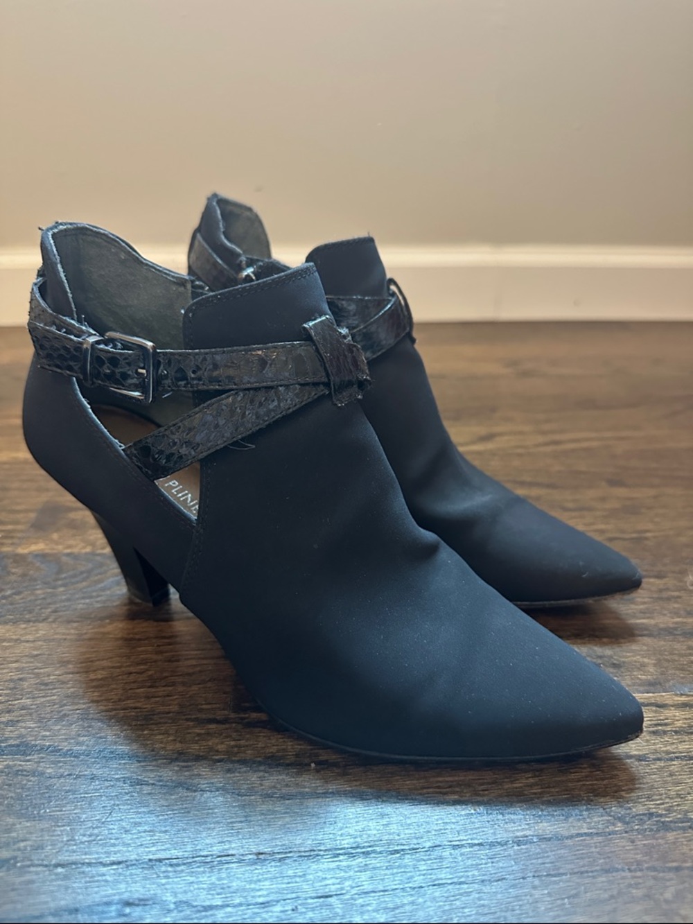 Donald J. Pliner Black Pointed Heel Ankle Booties with Textured Strap